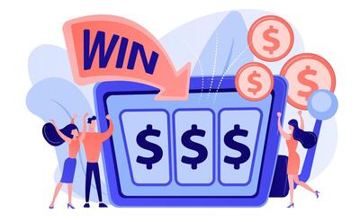 Lucky tiny people gambling and winning money at slot machine with dollar sign. slot machine, money game winner, jackpot win concept. pinkish coral bluevector isolated illustration