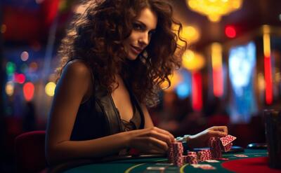 woman at the casino in a dress playing at the table