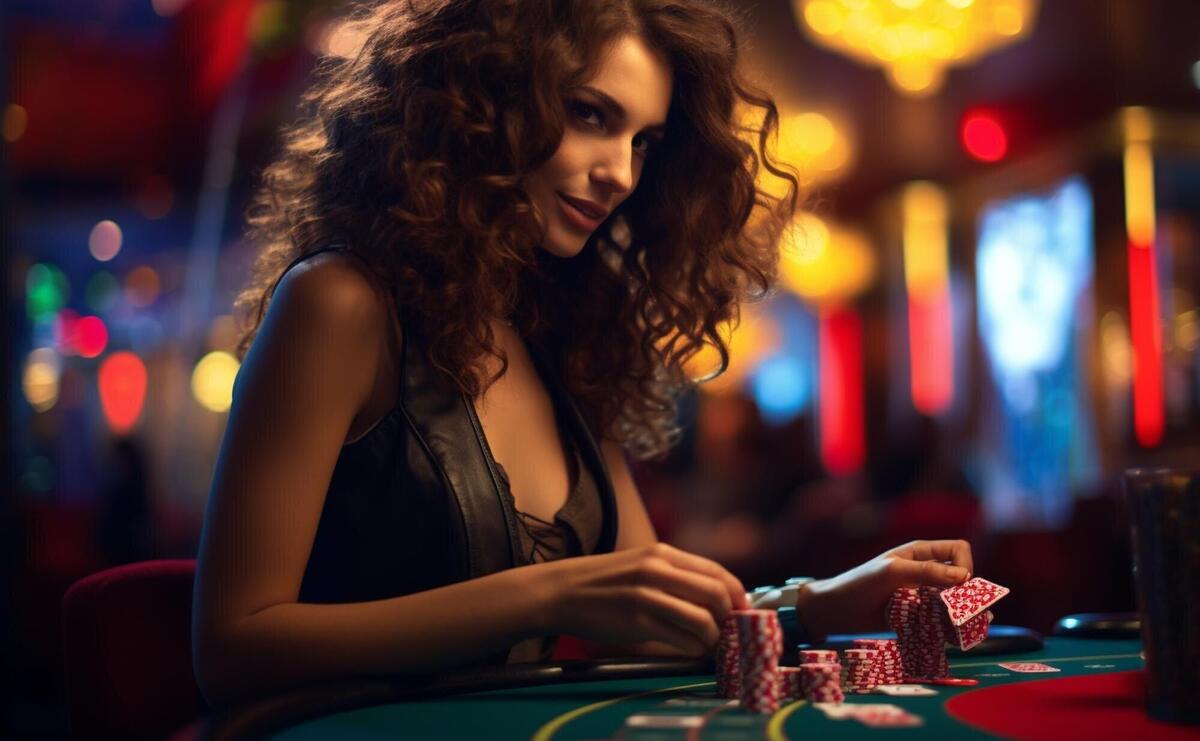 woman at the casino in a dress playing at the table