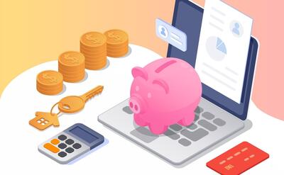 Loan mortgage isometric composition with piggy bank key to house credit card calculator coins 3d vector illustration