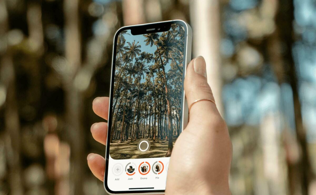 A person is holding a smart phone, taking a picture of a rain forest, while talking to a person on the phone.
