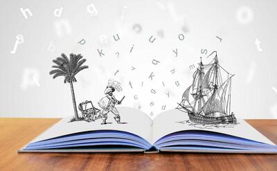 An illustration of an opened book, and a cartoon pirate.