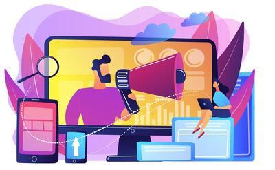 Marketing strategists and content specialist with megaphone and digital devices. digital marketing team, marketing team strategy concept. bright vibrant violet  isolated illustration