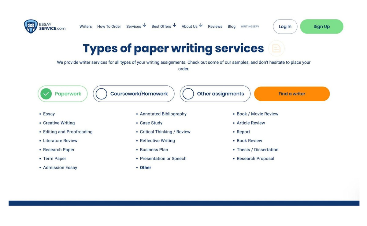 Screen shot of essay service application.