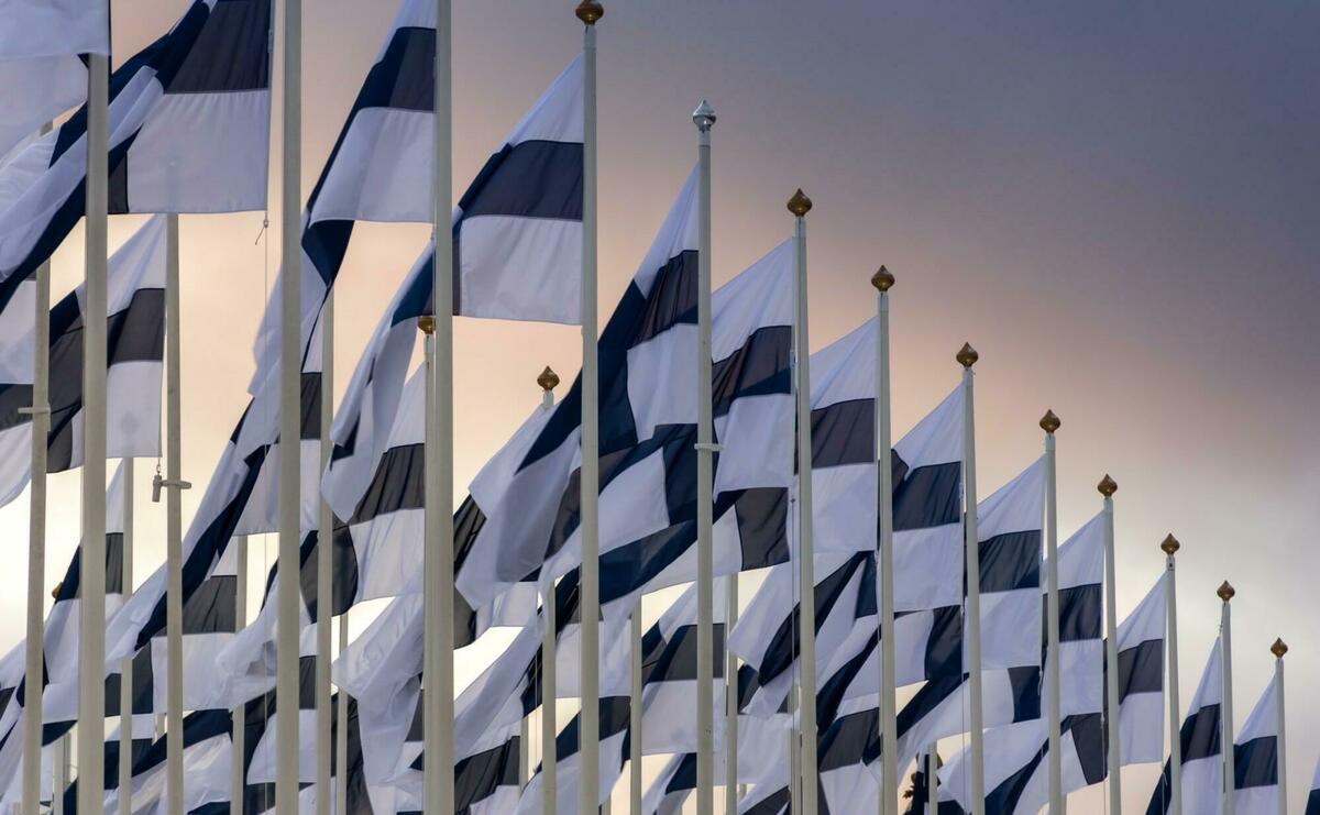 Hundred Finnish flags, each with blue cross on white background.