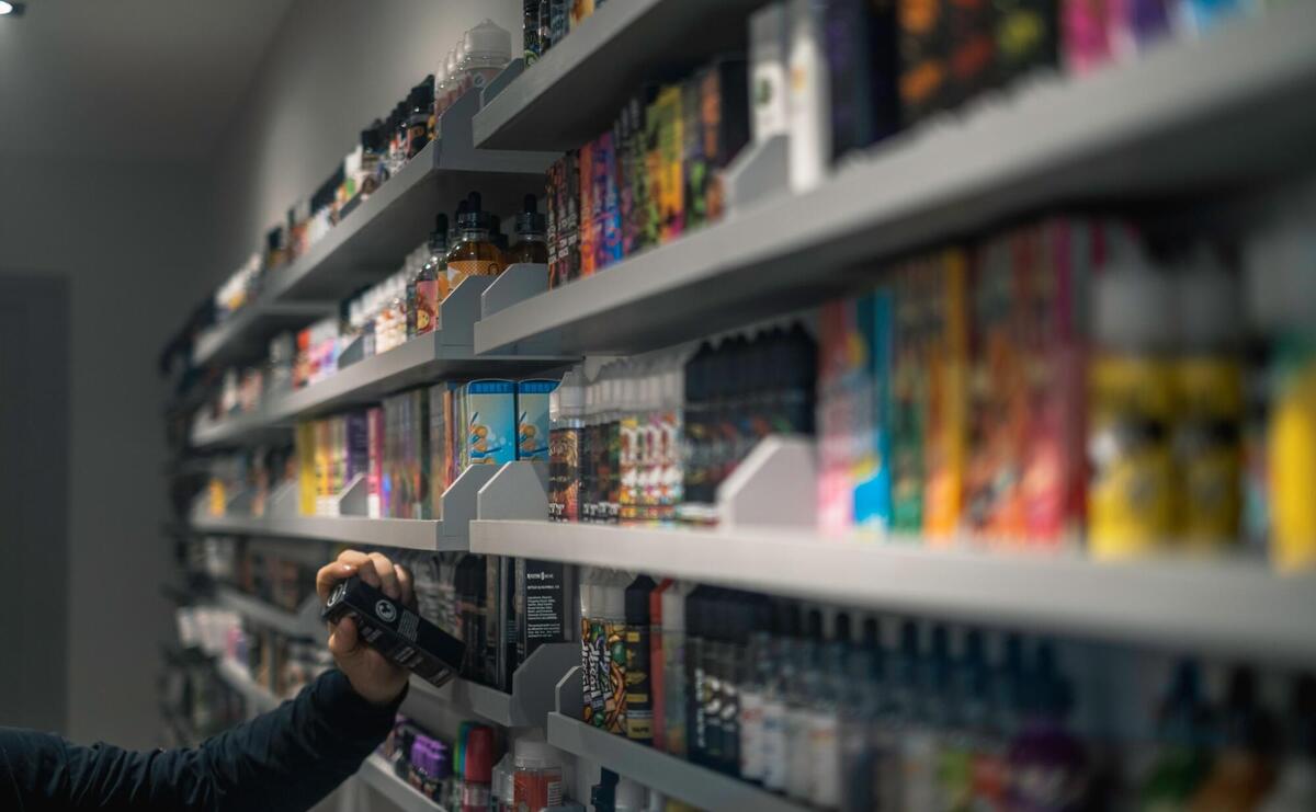 Vaping products stored on shelves.