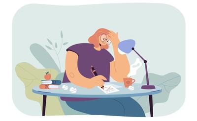 Thoughtful female writer going through creative crisis and doubts while writing new article or novel. cartoon illustration