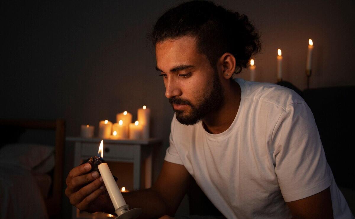 Side view man lighting candle