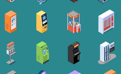 Set of isometric icons with various vending machines isolated vector illustration