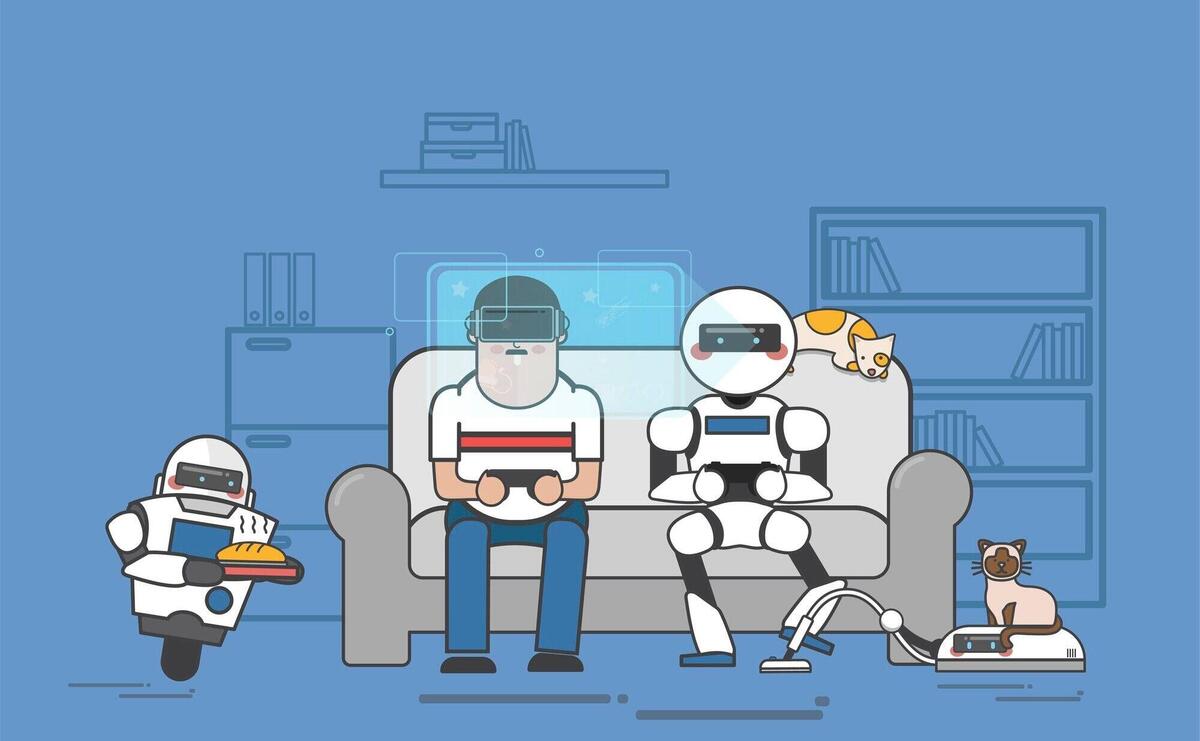 Man and robot playing video games