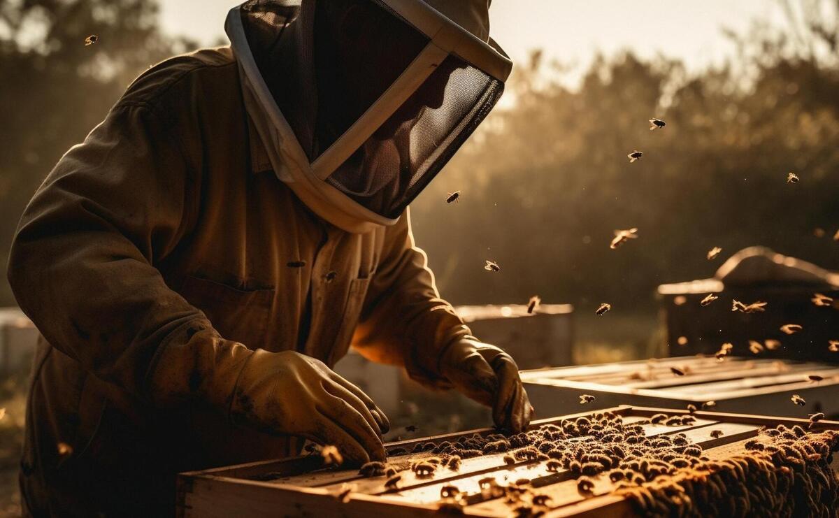 Beekeeper in protective workwear holding honeycomb outdoors.